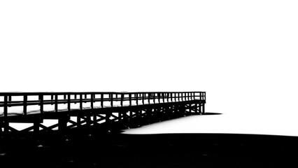 Silhouette of a long wooden pier extending over calm water at sunset isolated on