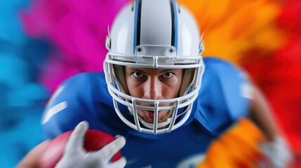 Focused caucasian male football player in blue uniform running with ball on colorful background
