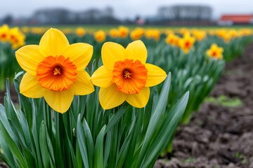 Obraz premium Daffodil flowers blooming in spring field rows