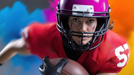 Determined female american football player in action with vibrant background