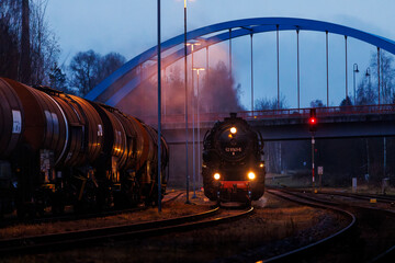 old steam train at night with lights 528141-5 Dampflok in saxony germany