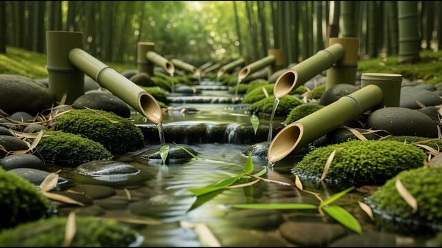 Tranquil water feature with bamboo spouts and natural stone environment