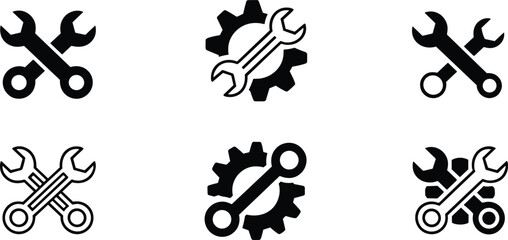 Wrench and gear icon set, black and outline mechanical repair symbols, maintenance tools illustration collection