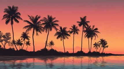 Obraz premium Palm trees create a silhouette against a colorful sky at sunset. The calm water reflects the vibrant colors and the scene shows nature's beauty.