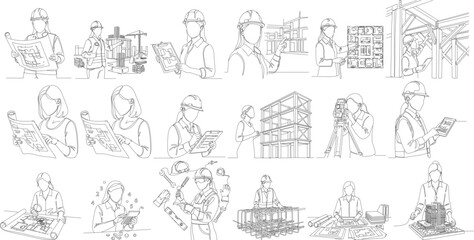 Black and White Line Art Construction Worker Building Site People Illustration