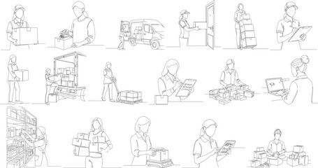 Minimalist Line Drawing Delivery Courier with Boxes and Clipboard Illustration