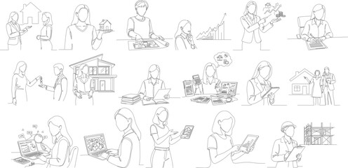 Minimalist Outline People Lifestyle Interaction with House and Building Icon Set