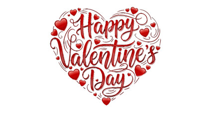 A vibrant red heart shape filled with elegant script text 'Happy Valentine's Day' surrounded by small hearts and decorative swirls on a white background, symbolizing love and celebration.