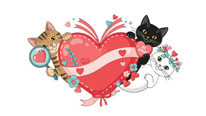 Three adorable cats, a tabby, a black cat, and a white cat, surround a large red heart decorated with ribbons and flowers, celebrating love and companionship.