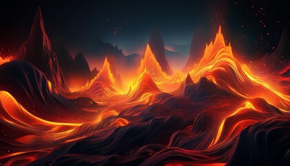 abstract fiery landscape with glowing waves and molten peaks