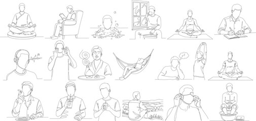 Minimalist Outline Style Businessman Working and Meeting People Line Art