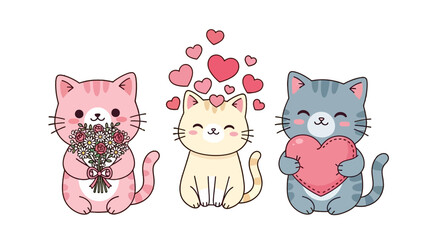 Three adorable cartoon cats, one holding a bouquet of flowers, another surrounded by hearts, and the third clutching a large heart, all in a cute, kawaii style. © Wisnu505