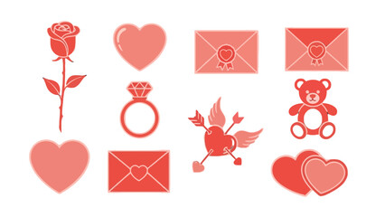 A collection of red and pink Valentine's Day themed icons including hearts, roses, envelopes, a ring, and a teddy bear.