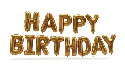 Shiny gold foil balloons spelling happy birthday float against a clean white background for celebration