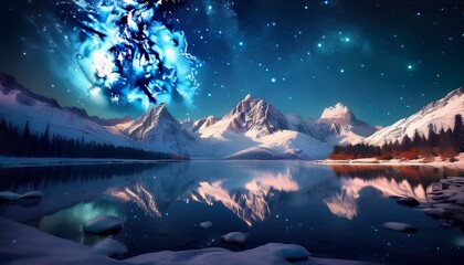 snowy mountain range reflecting in a frozen lake under a starry night sky