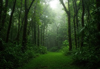 Obraz premium Dense, wet tropical rain forest environment featuring vibrant emerald foliage, towering trees, and filtered sunlight highlighting the natural ecosystem ,undergrowth ,wet ,lush