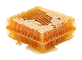 Golden natural honeycomb dripping sweet delicious honey, showcasing its intricate hexagonal cells filled with viscous, amber liquid, a symbol of purity and natural sweetness.