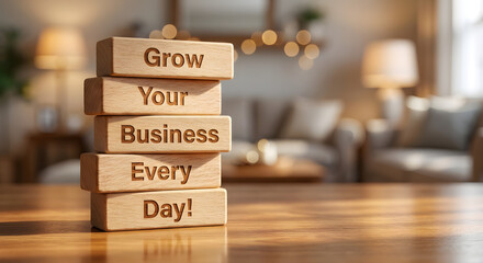 Motivational Wooden Blocks with Inspirational Business Growth Message in Cozy Modern Home