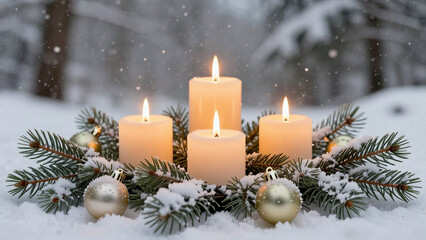 Vier helle Kerzen brennen zur Adventszeit zwischen Tannenzweigen und Christbaumkugeln, es schneit
