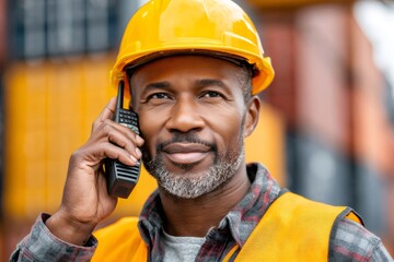 Male worker communicating with walkie talkie at industrial site