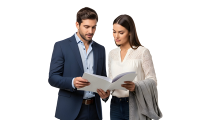 Two dedicated business professionals collaborating and discussing crucial documents, strategizing for success and growth in a focused corporate environment