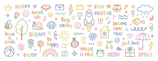 Cute kids kindergarten elements, pencil preschool doodle icons. Daycare and children drawings set, Playful scribble lines in sketch style. Hand drawn vector illustration isolated on white background