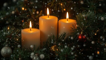 Zum Advent brennen drei Kerzen zwischen Tannenzweigen und kleinen Christbaumkugeln, Schnee f&auml;llt herunter