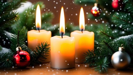 Drei Kerzen brennen zur Adventszeit zwischen Tannenzweigen und Christbaumkugeln, es schneit
