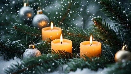 Drei Kerzen brennen zum Advent zwischen Tannenzweigen und Christbaumkugeln, Schnee f&auml;llt vom Himmel