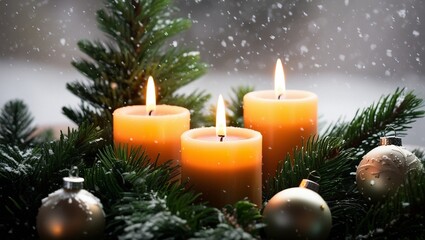 Zum Advent brennen drei Kerzen zwischen gr&uuml;nen Tannenzweigen und Christbaumkugeln, Schnee f&auml;llt vom Himmel