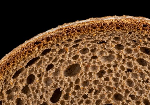 Detailed, macro view of the dense, hearty texture of a freshly baked slice of whole grain bread, highlighting the complex, moist crumb structure, close up, detailed, healthy food