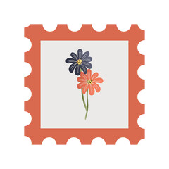 Postage stamp with flowers. Stamp for invitations, stationery, journals, scrapbook stickers. vector illustration