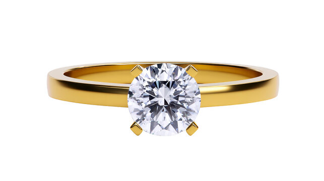 Gold solitaire engagement ring with round brilliant diamond, elegant minimalist design, luxury jewelry for special occasions, symbolizing love and commitment, isolated on transparency background