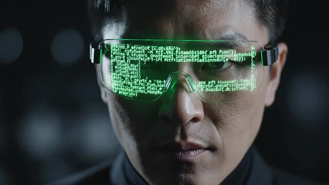Close-up of an East Asian man wearing transparent smart glasses. Green code scrolls across the lenses with a subtle neon glow against a dark blurred background