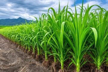 Obraz premium Sugarcane field growing beneath a cloudy sky