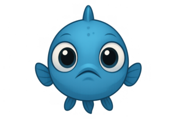 Sad blue fish cartoon character with big eyes on a transparent background, depicting disappointment and frowning emotion