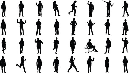 Human posture silhouettes, gesture icons, walking sitting pointing, black vector people, motion poses, body language, standing running waving