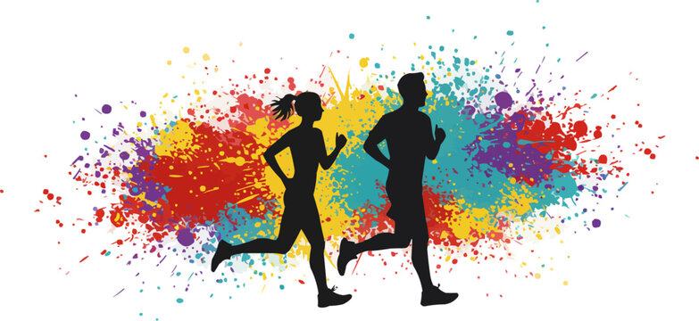 Running man and woman, vector silhouettes. Run, side view. Silhouettes of athletic looking male and female runners running. EPS version.