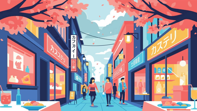 A vibrant, stylized illustration of a bustling street scene in Japan during cherry blossom season.