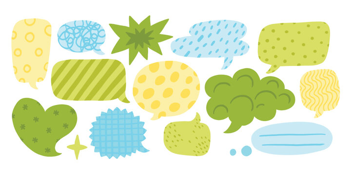 Speech bubble with patterns. Bright colorful cartoon text box set. Comic chat message balloon pack for poster, label, tag, banner, badge, sticker. Pop art doodle frame or border bundle. Vector 