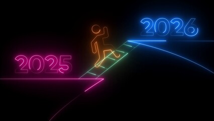 Neon Runner Transitioning Between Glowing Years 2025 and 2026 on Dark Gradient Background