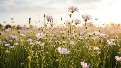 Field of delicate pink wildflowers blooming in soft sunlight