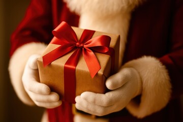 A man in a Santa suit holding a brown box with a red ribbon