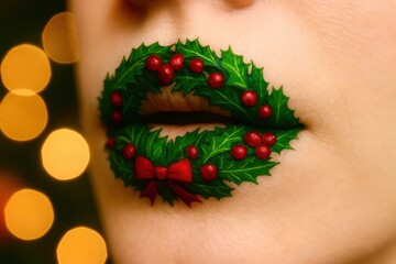 A woman's lips are painted with a wreath of holly berries