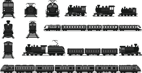 Train silhouette set, steam electric modern, front side views, black vector icons, locomotive styles, passenger rail, transport evolution