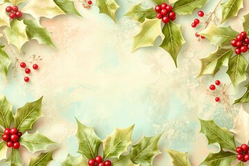 A Christmas card with a white background and red berries and green leaves