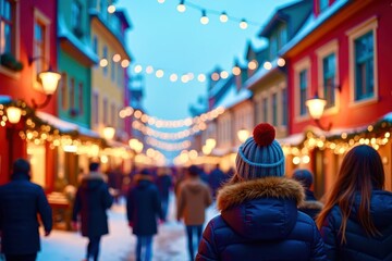 A group of people are walking down a street with Christmas lights