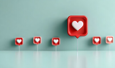3D red social media notification heart icon with white heart symbol standing out on pastel green background concept of love and online engagement
