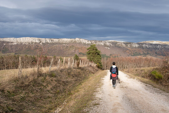 Hiker walking in the Aezkoa Valley. Abodi mountain range in the background. Navarrese Pyrenees