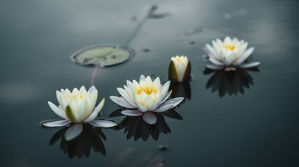 Four White and Yellow Water Lilies Floating on Dark Water lily lotus